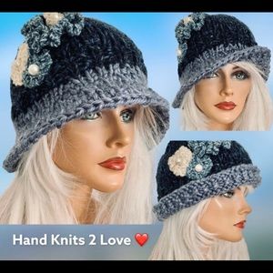 Hand Knits 2 Love Hat Brim Floral Designer Winter